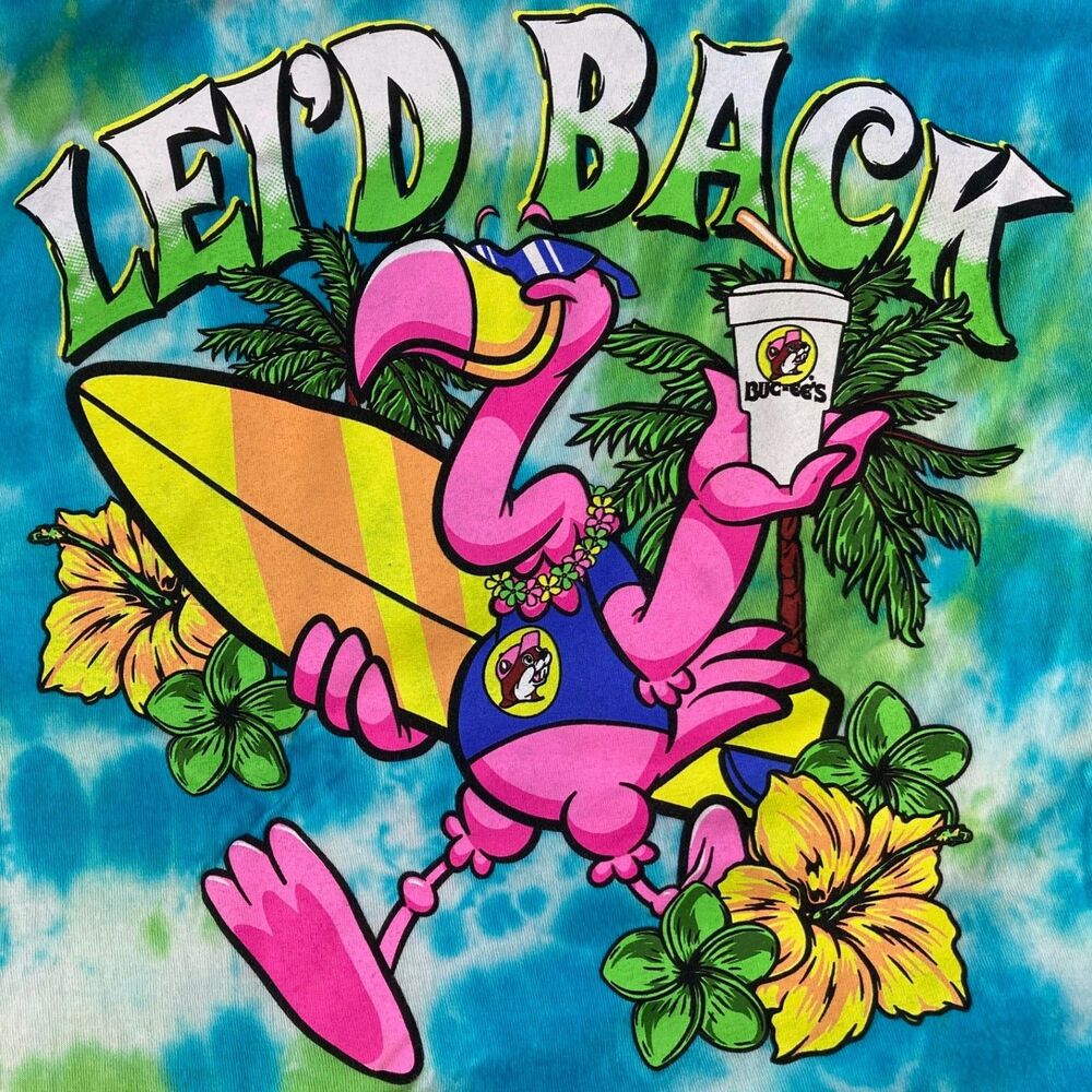 Buc-ee’s T Shirt Men’s Large Tie Dye Le’d Back Flamingo Beach Surf Tee